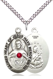 [4028SS-STN7/24SS] Sterling Silver Scapular w/ Ruby Stone Pendant with a 3mm Ruby Swarovski stone on a 24 inch Sterling Silver Heavy Curb chain