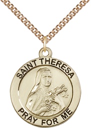 [4087GF/24GF] 14kt Gold Filled Saint Theresa Pendant on a 24 inch Gold Filled Heavy Curb chain