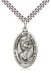 [4123CSS/24S] Sterling Silver Saint Christopher Pendant on a 24 inch Light Rhodium Heavy Curb chain