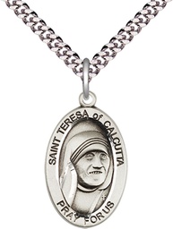 [4123TCSS/24S] Sterling Silver Saint Teresa of Calcutta Pendant on a 24 inch Light Rhodium Heavy Curb chain