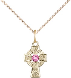 [4133GF-STN10/18GF] 14kt Gold Filled Celtic Cross Pendant with a 3mm Rose Swarovski stone on a 18 inch Gold Filled Light Curb chain