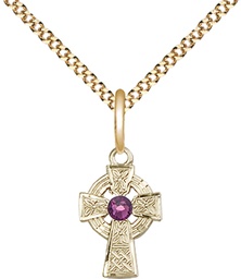 [4133GF-STN2/18G] 14kt Gold Filled Celtic Cross Pendant with a 3mm Amethyst Swarovski stone on a 18 inch Gold Plate Light Curb chain