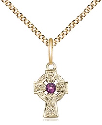 [4133GF-STN2/18G] 14kt Gold Filled Celtic Cross Pendant with a 3mm Amethyst Swarovski stone on a 18 inch Gold Plate Light Curb chain