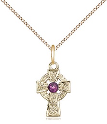 [4133GF-STN2/18GF] 14kt Gold Filled Celtic Cross Pendant with a 3mm Amethyst Swarovski stone on a 18 inch Gold Filled Light Curb chain