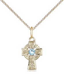 [4133GF-STN3/18GF] 14kt Gold Filled Celtic Cross Pendant with a 3mm Aqua Swarovski stone on a 18 inch Gold Filled Light Curb chain