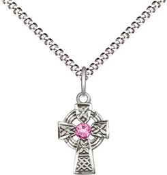 [4133SS-STN10/18S] Sterling Silver Celtic Cross Pendant with a 3mm Rose Swarovski stone on a 18 inch Light Rhodium Light Curb chain