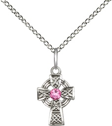 [4133SS-STN10/18SS] Sterling Silver Celtic Cross Pendant with a 3mm Rose Swarovski stone on a 18 inch Sterling Silver Light Curb chain