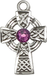 [4133SS-STN2] Sterling Silver Celtic Cross Medal with a 3mm Amethyst Swarovski stone