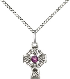 [4133SS-STN2/18SS] Sterling Silver Celtic Cross Pendant with a 3mm Amethyst Swarovski stone on a 18 inch Sterling Silver Light Curb chain