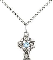 [4133SS-STN3/18SS] Sterling Silver Celtic Cross Pendant with a 3mm Aqua Swarovski stone on a 18 inch Sterling Silver Light Curb chain
