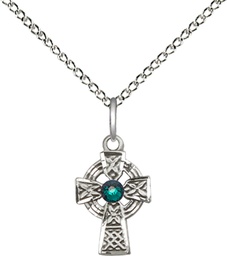 [4133SS-STN5/18SS] Sterling Silver Celtic Cross Pendant with a 3mm Emerald Swarovski stone on a 18 inch Sterling Silver Light Curb chain