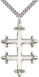 [5996SS/24S] Sterling Silver Cross of Lorraine Pendant on a 24 inch Light Rhodium Heavy Curb chain