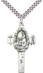 [6028SS/24S] Sterling Silver Cross Pendant on a 24 inch Light Rhodium Heavy Curb chain