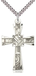 [6032SS/24S] Sterling Silver Mosaic Cross Pendant on a 24 inch Light Rhodium Heavy Curb chain