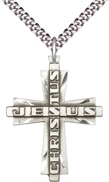 [6034SS/24S] Sterling Silver Jesus Christus Cross Pendant on a 24 inch Light Rhodium Heavy Curb chain