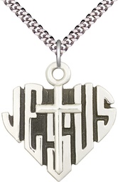 [6044SS/24S] Sterling Silver Heart of Jesus w/Cross Pendant on a 24 inch Light Rhodium Heavy Curb chain