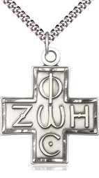 [6075SS/24S] Sterling Silver Light &amp; Life Cross Pendant on a 24 inch Light Rhodium Heavy Curb chain