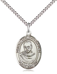 [8073SS/18S] Sterling Silver Saint Maximilian Kolbe Pendant on a 18 inch Light Rhodium Light Curb chain