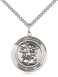 [8076RDSS/18S] Sterling Silver Saint Michael the Archangel Pendant on a 18 inch Light Rhodium Light Curb chain