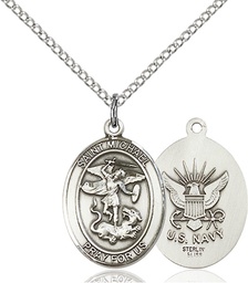 [8076SS6/18S] Sterling Silver Saint Michael Navy Pendant on a 18 inch Light Rhodium Light Curb chain