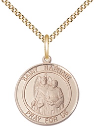 [8092RDGF/18G] 14kt Gold Filled Saint Raphael the Archangel Pendant on a 18 inch Gold Plate Light Curb chain