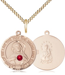 [8098RDGF-STN7/18G] 14kt Gold Filled Scapular - Ruby Stone Pendant with a 3mm Ruby Swarovski stone on a 18 inch Gold Plate Light Curb chain