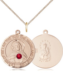 [8098RDGF-STN7/18GF] 14kt Gold Filled Scapular - Ruby Stone Pendant with a 3mm Ruby Swarovski stone on a 18 inch Gold Filled Light Curb chain