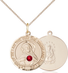 [8098RDGF-STN7/18GF] 14kt Gold Filled Scapular - Ruby Stone Pendant with a 3mm Ruby Swarovski stone on a 18 inch Gold Filled Light Curb chain