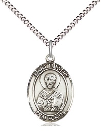 [8105SS/18S] Sterling Silver Saint Timothy Pendant on a 18 inch Light Rhodium Light Curb chain
