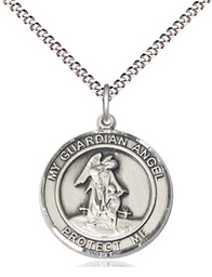 [8118RDSS/18S] Sterling Silver Guardian Angel Pendant on a 18 inch Light Rhodium Light Curb chain