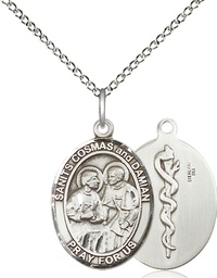 [8132SS8/18SS] Sterling Silver Saints Cosmas &amp; Damian Doctors Pendant on a 18 inch Sterling Silver Light Curb chain