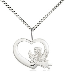 [4206SS/18SS] Sterling Silver Heart Guardian Angel Pendant on a 18 inch Sterling Silver Light Curb chain