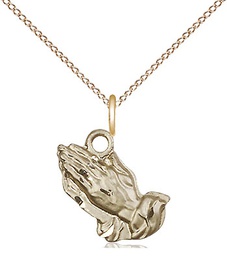 [4219GF/18GF] 14kt Gold Filled Praying Hands Pendant on a 18 inch Gold Filled Light Curb chain