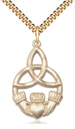 [5102GF/24G] 14kt Gold Filled Irish Knot Claddagh Pendant on a 24 inch Gold Plate Heavy Curb chain
