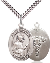 [7019SS9/24S] Sterling Silver Saint Camillus of Lellis Nurse Pendant on a 24 inch Light Rhodium Heavy Curb chain