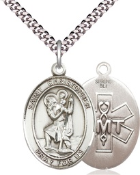 [7022SS10/24S] Sterling Silver Saint Christopher EMT Pendant on a 24 inch Light Rhodium Heavy Curb chain