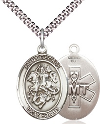 [7040SS10/24S] Sterling Silver Saint George EMT Pendant on a 24 inch Light Rhodium Heavy Curb chain