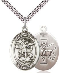 [7076SS10/24S] Sterling Silver Saint Michael EMT Pendant on a 24 inch Light Rhodium Heavy Curb chain
