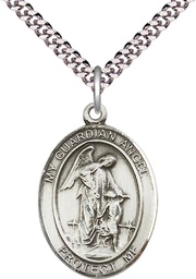 [7118SS/24S] Sterling Silver Guardian Angel w/Child Pendant on a 24 inch Light Rhodium Heavy Curb chain