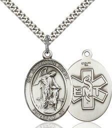 [7118SS10/24S] Sterling Silver Guardian Angel EMT Pendant on a 24 inch Light Rhodium Heavy Curb chain