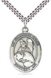 [7440SS/24S] Sterling Silver Guardian Angel Protector Pendant on a 24 inch Light Rhodium Heavy Curb chain