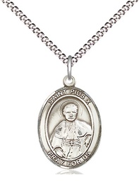 [8305SS/18S] Sterling Silver Saint Pius X Pendant on a 18 inch Light Rhodium Light Curb chain