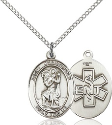 [8022SS10/18SS] Sterling Silver Saint Christopher EMT Pendant on a 18 inch Sterling Silver Light Curb chain