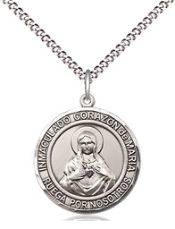 [8337RDSPSS/18S] Sterling Silver Corazon Inmaculado de Maria Pendant on a 18 inch Light Rhodium Light Curb chain