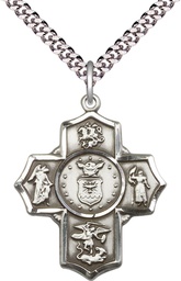 [5790SS1/24S] Sterling Silver 5-Way Air Force Pendant on a 24 inch Light Rhodium Heavy Curb chain