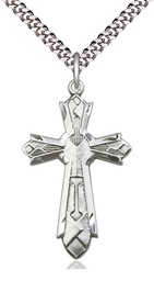 [6031SS/24S] Sterling Silver Mosaic Cross Pendant on a 24 inch Light Rhodium Heavy Curb chain