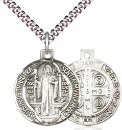 [0027BSS/24S] Sterling Silver Saint Benedict Pendant on a 24 inch Light Rhodium Heavy Curb chain