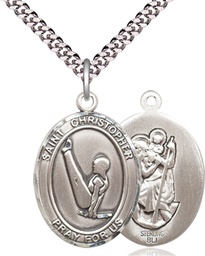 [7142SS/24S] Sterling Silver Saint Christopher Gymnastics Pendant on a 24 inch Light Rhodium Heavy Curb chain
