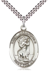 [7022SS/24S] Sterling Silver Saint Christopher Pendant on a 24 inch Light Rhodium Heavy Curb chain