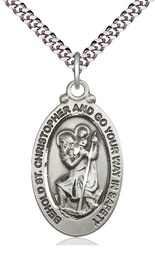 [4145CSS/24S] Sterling Silver Saint Christopher Pendant on a 24 inch Light Rhodium Heavy Curb chain